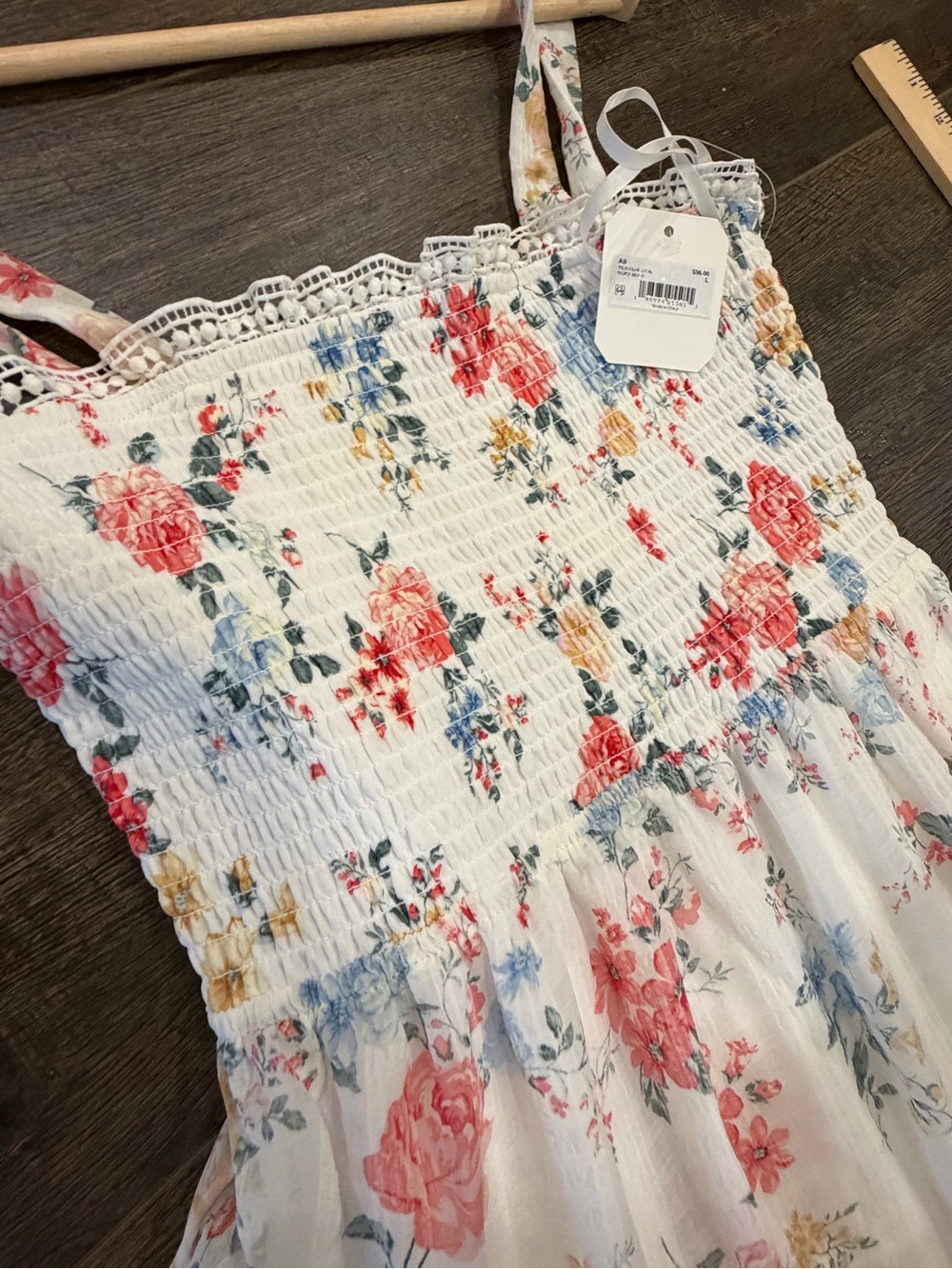 Altar'd State White Floral Smocked Sundress with Pink, Blue & Yellow Roses